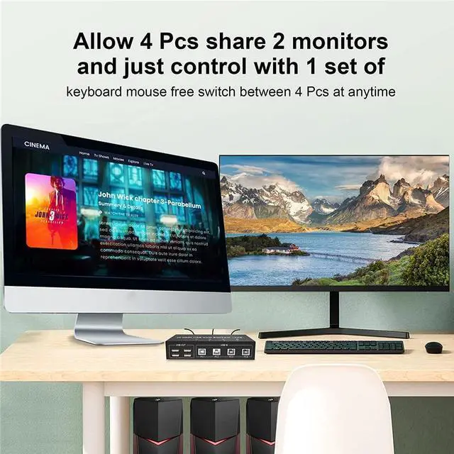 Alt view image 3 of 7 - 4 Port HDMI + Displayport KVM Switch 4x2, Dual Monitor DP+HDMI @60Hz Extended Display USB KVM Switch 4 in 2 out with 4 USB 2.0 Hub for 4 PC Share Keyboard Mouse Monitor with 4 USB Cables