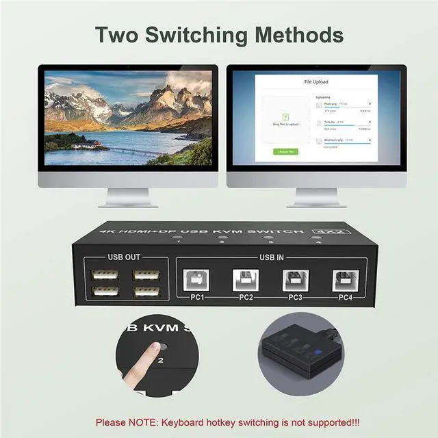 Alt view image 5 of 7 - 4 Port HDMI + Displayport KVM Switch 4x2, Dual Monitor DP+HDMI @60Hz Extended Display USB KVM Switch 4 in 2 out with 4 USB 2.0 Hub for 4 PC Share Keyboard Mouse Monitor with 4 USB Cables