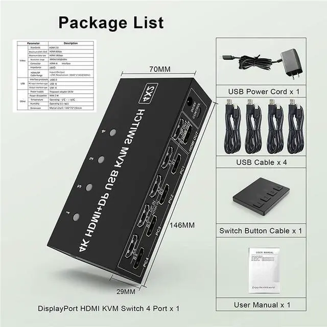 Alt view image 7 of 7 - 4 Port HDMI + Displayport KVM Switch 4x2, Dual Monitor DP+HDMI @60Hz Extended Display USB KVM Switch 4 in 2 out with 4 USB 2.0 Hub for 4 PC Share Keyboard Mouse Monitor with 4 USB Cables
