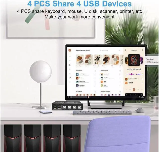 Alt view image 6 of 7 - 4 Port HDMI + Displayport KVM Switch 4x2, Dual Monitor DP+HDMI @60Hz Extended Display USB KVM Switch 4 in 2 out with 4 USB 2.0 Hub for 4 PC Share Keyboard Mouse Monitor with 4 USB Cables
