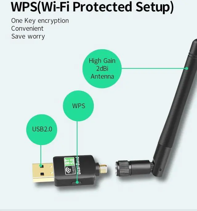 Alt view image 5 of 7 - [ 2 in 1] AC600 WiFi Bluetooth Dongle, 600Mbps Dual Band 2.4/5Ghz USB Wireless Adapter, Bluetooth 5.0 Adapter External Receiver with High Gain Antenna for PC/Desktop/Laptop, Windows 11/10/8.1/7