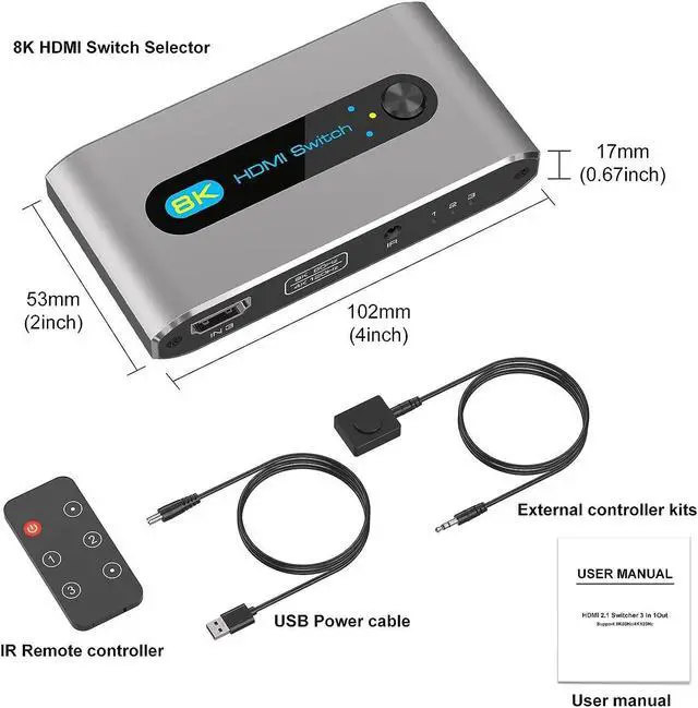 Alt view image 7 of 7 - 8K HDMI Switch 3 in 1 Out, HDMI 2.1 Switcher 3 Port with IR Remote Support 8K 60Hz 4K 120Hz HDCP 2.3 Ultra HD 3D for Xbox PS4 PS5 UHD TV Monitor Projector with Wired Desktop Controller
