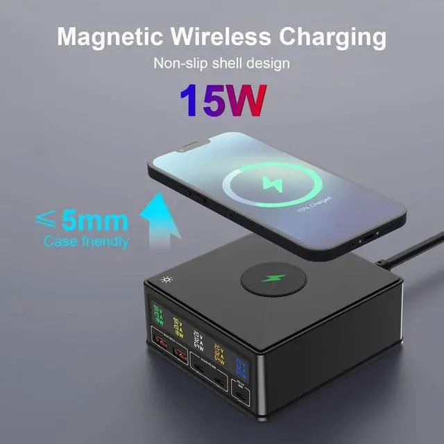 Alt view image 3 of 7 - [6 in 1] USB Charging Station, 5-Port USB C Charging Station with 65W PD USB-C Port, QC3.0 Port, Wireless Charger, LCD Display Multi Port Fast USB Charging Hub for Smartphones Tablet Laptop etc.