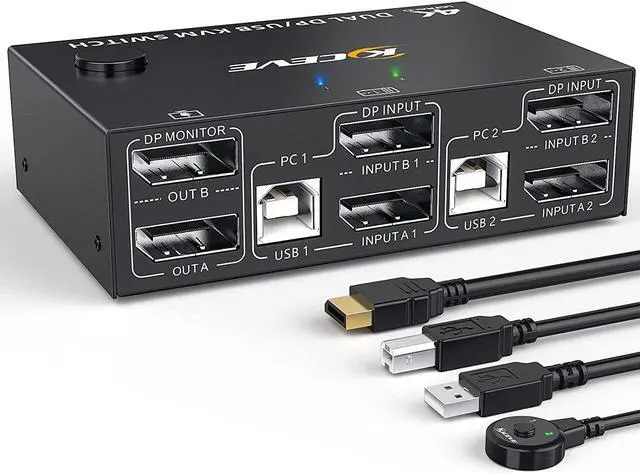 Main image of DP KVM Switch 2 PC 2 Monitors, 4K @144Hz Extended Display, 2 Ports DisplayPort KVM Switch 2 monitors for 2 computers, keyboard, mouse, printer, KVM USB Switch for 4 USB devices with DP and USB cable