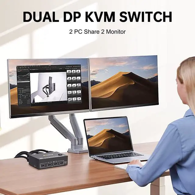 Alt view image 2 of 7 - DP KVM Switch 2 PC 2 Monitors, 4K @144Hz Extended Display, 2 Ports DisplayPort KVM Switch 2 monitors for 2 computers, keyboard, mouse, printer, KVM USB Switch for 4 USB devices with DP and USB cable