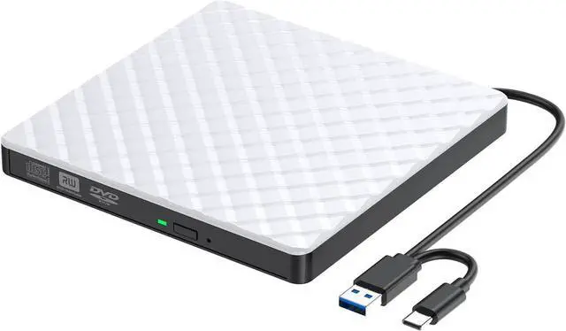 Main image of External DVD Drive, USB 3.0 Type C CD/DVD +/-RW Drive Portable CD DVD Player Burner Reader Writer, Slim Optical CD ROM Drive for Laptop Desktop PC Linux MacOS Windows 11/108/7/XP (White)