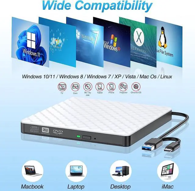Alt view image 2 of 7 - External DVD Drive, USB 3.0 Type C CD/DVD +/-RW Drive Portable CD DVD Player Burner Reader Writer, Slim Optical CD ROM Drive for Laptop Desktop PC Linux MacOS Windows 11/108/7/XP (White)