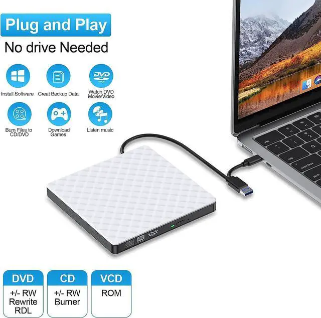 Alt view image 3 of 7 - External DVD Drive, USB 3.0 Type C CD/DVD +/-RW Drive Portable CD DVD Player Burner Reader Writer, Slim Optical CD ROM Drive for Laptop Desktop PC Linux MacOS Windows 11/108/7/XP (White)