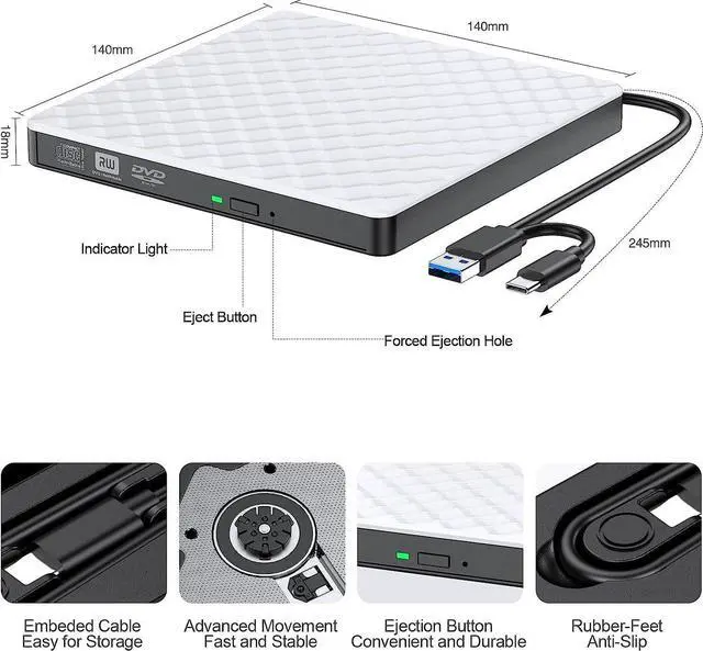 Alt view image 4 of 7 - External DVD Drive, USB 3.0 Type C CD/DVD +/-RW Drive Portable CD DVD Player Burner Reader Writer, Slim Optical CD ROM Drive for Laptop Desktop PC Linux MacOS Windows 11/108/7/XP (White)