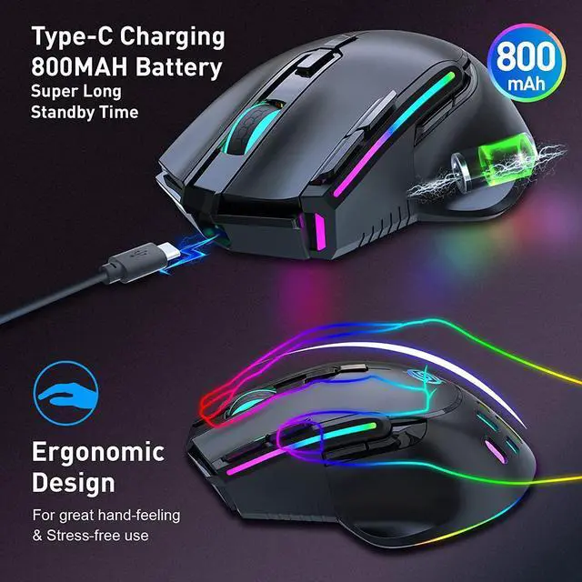 Alt view image 3 of 7 - Wireless Gaming Mouse, Wired and Wireless Dual Modes Rechargeable RGB Gaming Mouse with 7 Buttons, Ergonomic and 3 Adjustable DPI Levels up to 3200 DPI Gaming Mice for PC Laptop Gamer (Black)
