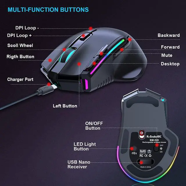 Alt view image 5 of 7 - Wireless Gaming Mouse, Wired and Wireless Dual Modes Rechargeable RGB Gaming Mouse with 7 Buttons, Ergonomic and 3 Adjustable DPI Levels up to 3200 DPI Gaming Mice for PC Laptop Gamer (Black)