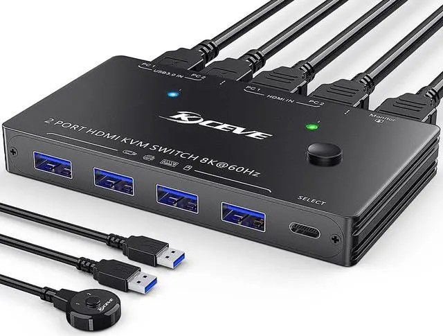 Main image of 8K USB 3.0 KVM Switch HDMI 2 Port 8K @60Hz 4K @120Hz, HD-MI2.1 KVM Switch for 2 Computers Share 1 Monitor and 4 USB 3.0 Devices, HDCP 2.3, HDR 10, with Wired Remote and 2 USB 3.0 Cable