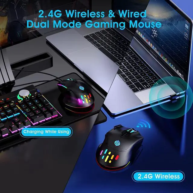 Alt view image 2 of 7 - Wireless Gaming Mouse, Wired and Wireless Dual Modes Rechargeable RGB Gaming Mouse with 7 Buttons, Ergonomic and 3 Adjustable DPI Levels up to 3200 DPI Gaming Mice for PC Laptop Gamer (Black)