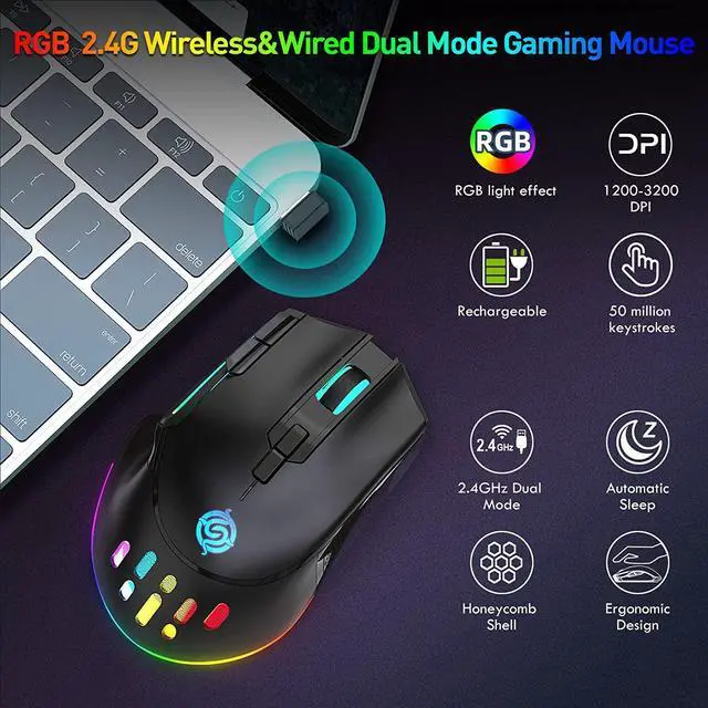 Alt view image 6 of 7 - Wireless Gaming Mouse, Wired and Wireless Dual Modes Rechargeable RGB Gaming Mouse with 7 Buttons, Ergonomic and 3 Adjustable DPI Levels up to 3200 DPI Gaming Mice for PC Laptop Gamer (Black)