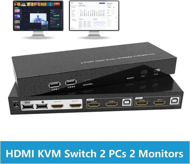 Main image of 2 Port HDMI KVM Switch 2 Monitors 2 Computers, 4K@60Hz Dual Monitor HDMI KVM Switch 2 in 2 Out for 2 Computers Share 2 Monitors 4 USB 2.0 Hub, Hotkey Buttons, EDID (HDMI & USB Cables Included) eokCXOY