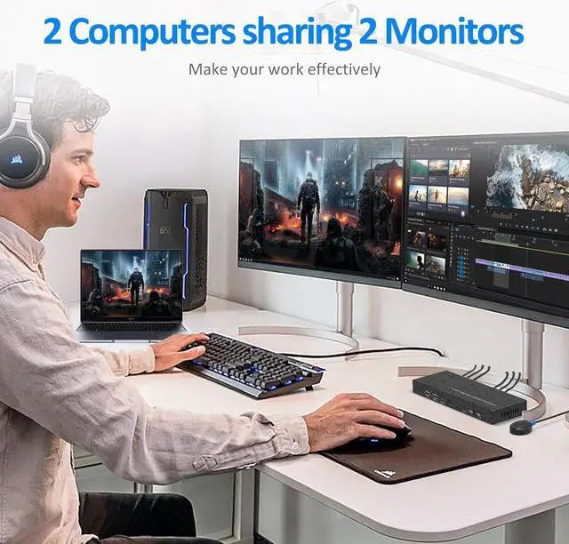 Alt view image 5 of 7 - 2 Port HDMI KVM Switch 2 Monitors 2 Computers, 4K@60Hz Dual Monitor HDMI KVM Switch 2 in 2 Out for 2 Computers Share 2 Monitors 4 USB 2.0 Hub, Hotkey Buttons, EDID (HDMI & USB Cables Included) eokCXOY
