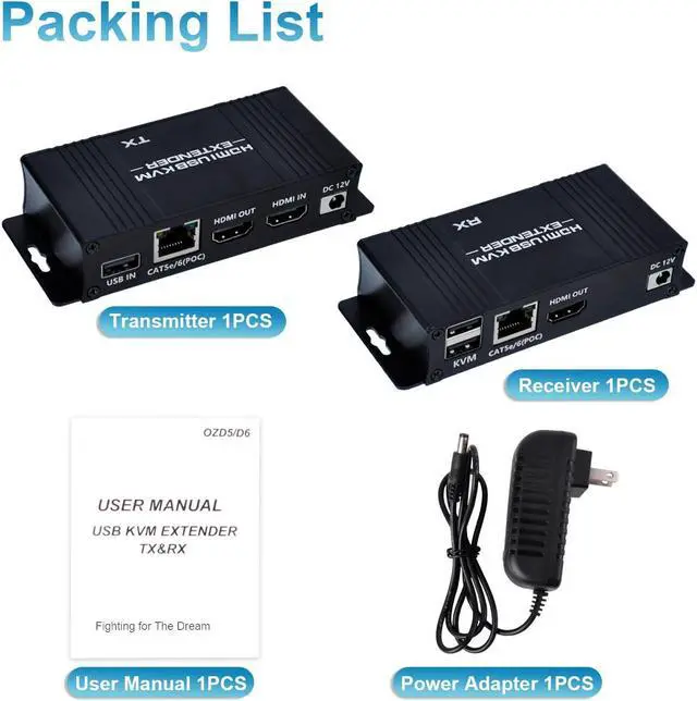 Alt view image 7 of 7 - 164FT HDMI KVM USB Extender Over Cat 5e/6/7 Cable, HDMI to RJ45 1080P HDMI Ethernet Extender Balun Transmitter Receiver with Loop Out Function - USB Keyboard Mouse, Single POC Power Supply eokCXOY