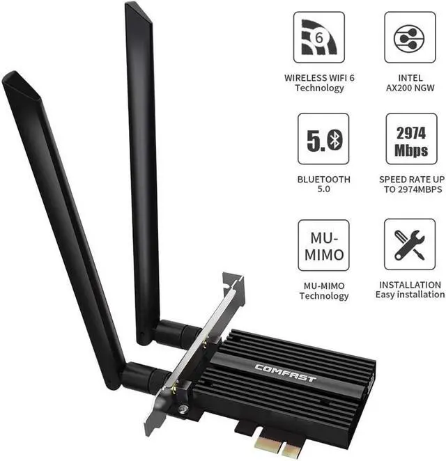 Main image of AX200 WiFi 6 Card for PC| Bluetooth 5.0| 802.11ax| 3000Mbps Dual Band (2.4/5.8Ghz)| MU-MIMO OFDMA PCIe WiFi Card Ultra-Low Latency with Heat Sink, Support Windows 10 64-bit Only