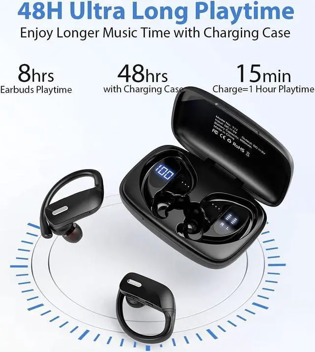 Alt view image 3 of 6 - Ture Wireless Earbuds, Wireless Headphones, Bluetooth Earphones 48H Play Back in Ear Earbuds Waterproof with Microphone LED Display for Sports Running Workout Black