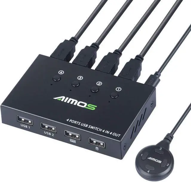 Main image of USB Switch Selector 4 Port, USB KVM Switcher 4 Computers Sharing 4 USB Devices One-Button Swapping, for Share Mouse, Keyboard, Printer, Scanner, with 4 USB Cables