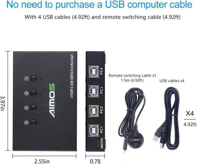 Alt view image 4 of 7 - USB Switch Selector 4 Port, USB KVM Switcher 4 Computers Sharing 4 USB Devices One-Button Swapping, for Share Mouse, Keyboard, Printer, Scanner, with 4 USB Cables