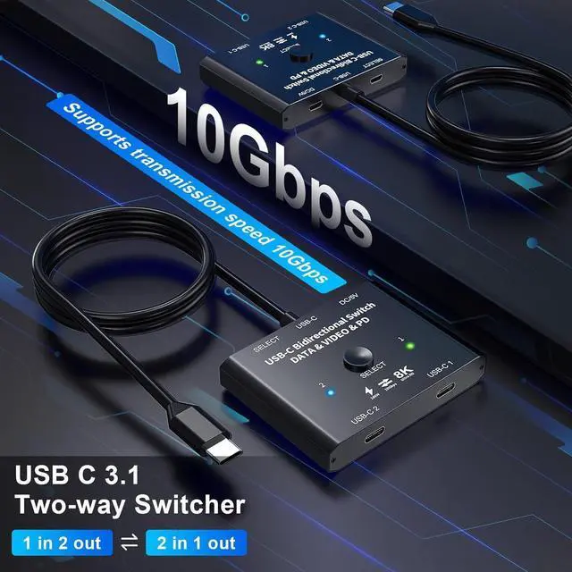 Alt view image 5 of 7 - USB C Switch 2 in 1 Out or 1 in 2 Out, Type-C Bidirectional Switcher for 2 Laptops with USB C Port, Supports8K@60Hz 4K@120Hz Video/10Gbps Data Transfer/100W Charging,Compatible with Thunderbolt Device