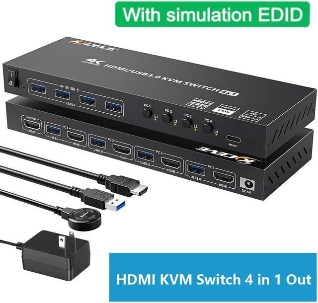 Main image of USB 3.0 HDMI KVM Switch 4 Port Support 4K@60Hz 2K@120Hz RGB 4:4:4 Simulation EDID, HDMI KVM Switch 4 in 1 Out with 4 USB 3.0 Port for Keyboard Mouse Printer,with Controller, USB 3.0 and HD-MI Cable