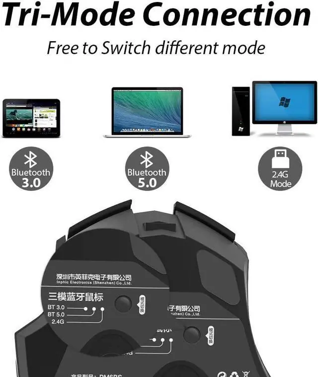 Alt view image 5 of 7 - Silent Bluetooth Mouse, Rechargeable Tri-Mode Bluetooth 5.0/3.0 and 2.4G Wireless Mouse 1600dpi Ergonomic Large laptop Mice for PC Computer MacBook, iPad OS