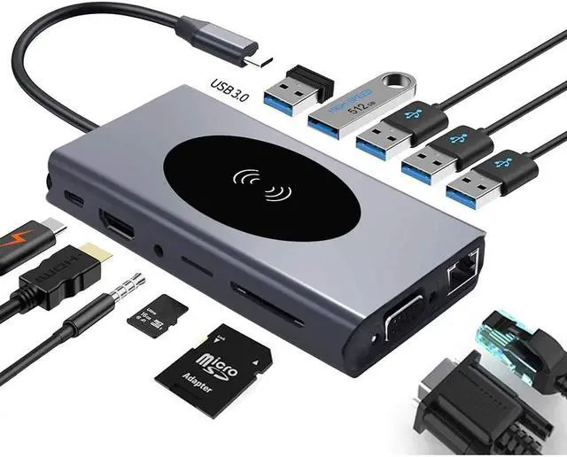 Main image of USB C Hub Type-C Laptop Docking Station, Wireless Charger 13-in-1 USB C Adapter with Ethernet, 4K HDMI Output, 1000M RJ45 Net Work, 87W PD, VGA, 5 USB 3.0 Ports, SD/TF Card Reader for Type C Latops