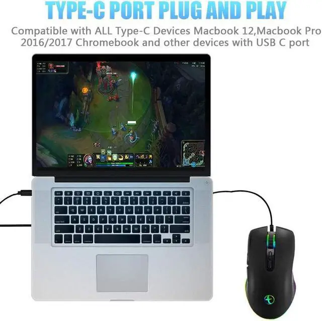 Alt view image 6 of 6 - Wired Gaming Mouse Type C, USB C Cable Game Mice RGB gaming mouse Ergonomic mouse Compatible with Mac, Matebook, Chromebook, HP OMEN, Windows PC and other USB type C devices Office Home