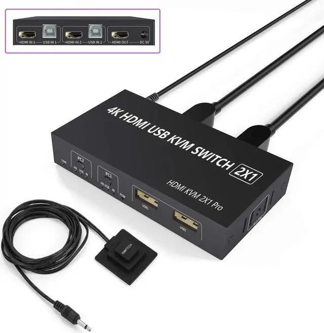 Main image of 2PortHDMIKVMSwitch,2in1USBHDMISwitchSharingKeyboardMousePrinterMonitor,CameraSupport4K@30HzforPC,Laptop,Xbox,HDTV,with2xUSBCable,1xSwitchController,1x5VDCPowerCable 8iop