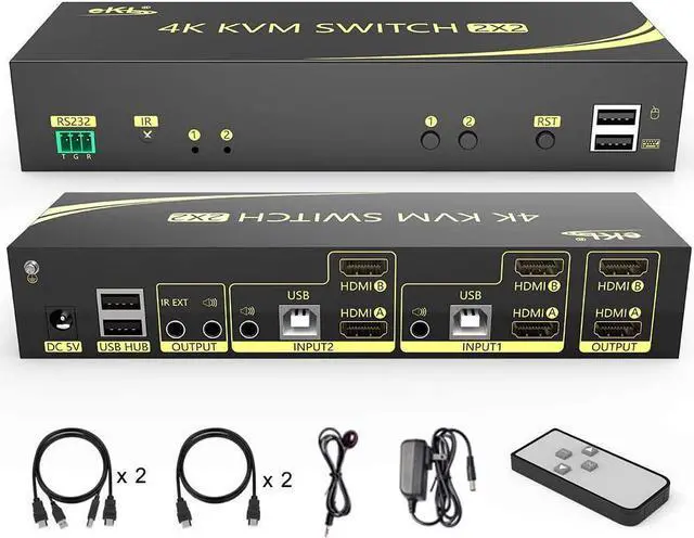 Main image of 2x2 4K HDMI KVM Switch 2 in 2 Out Dual Monitor Extended Display 4K @60Hz 4:4:4 with Audio and USB 2.0 Hub Sharing PC Monitor Keyboard Mouse Switcher