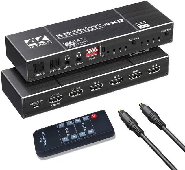 Main image of 4K @60Hz 4x2 HDMI Matrix Switch, 4K HDMI 2.0b Matrix Switcher 4 in 2 Out, 4K HDMI Switcher Splitter + Optical and L/R Audio Output, Scaler EDID with Remote, HDCP2.2, HDR 10