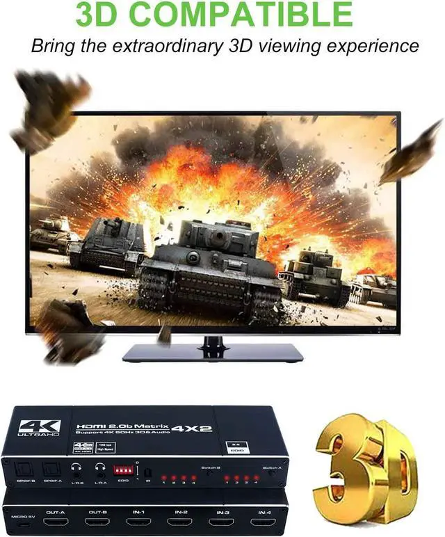 Alt view image 7 of 7 - 4K @60Hz 4x2 HDMI Matrix Switch, 4K HDMI 2.0b Matrix Switcher 4 in 2 Out, 4K HDMI Switcher Splitter + Optical and L/R Audio Output, Scaler EDID with Remote, HDCP2.2, HDR 10