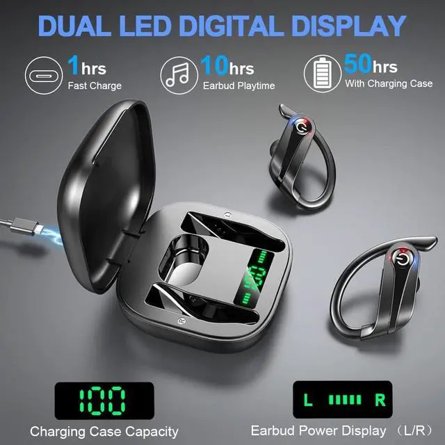 Alt view image 5 of 6 - Ture Wireless Earbud, Bluetooth 5.1 Headphones Sport Bluetooth Earbud in Ear 50H Deep Bass Noise Cancelling Wireless Earphones with Mic,IP7 Waterproof Earhooks Headset with LCD Display for Running Gym