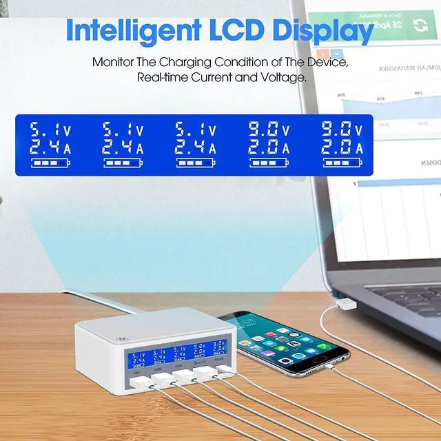 Alt view image 3 of 7 - Multiple USB Charging Station with 20W PD and QC3.0 Fast Charging Port, 65W 5-Port USB Charger with LCD Display, 5 Ports USB Hub Charger for Smart Phones Tablet Earphone and More