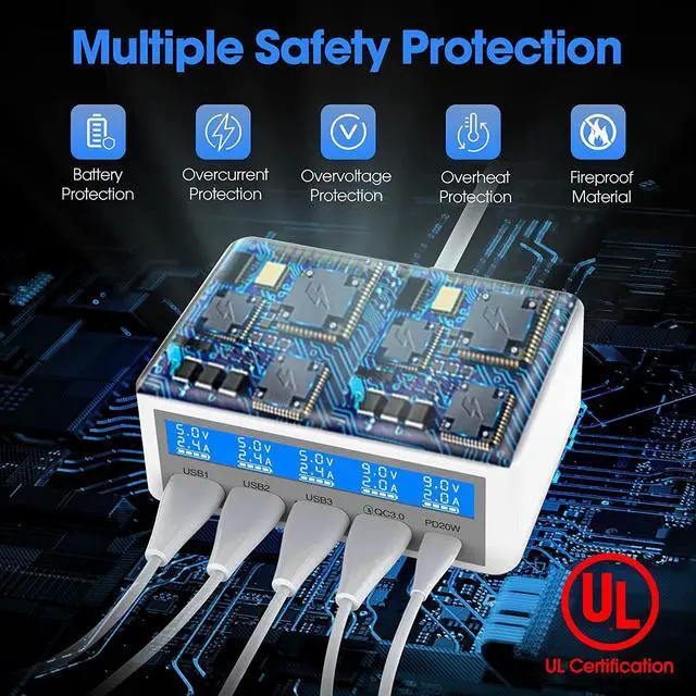 Alt view image 5 of 7 - Multiple USB Charging Station with 20W PD and QC3.0 Fast Charging Port, 65W 5-Port USB Charger with LCD Display, 5 Ports USB Hub Charger for Smart Phones Tablet Earphone and More
