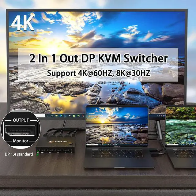 Alt view image 2 of 7 - DP KVM Switch Displayport 2 Port 4K @60Hz, DP 1.4 and USB Switcher for 2 Computers Sharing One HD Monitor and 4 USB Devices Keyboard Mouse Printer, with Romote Control and Cables