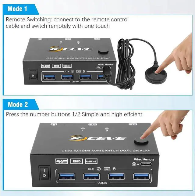 Alt view image 4 of 7 - Dual Monitor HDMI KVM Switch 4K@60Hz Simulation EDID, 2 Port HDMI USB 3.0 KVM Switch for 2 Monitors 2 Computers,Support Copy and Extended Display, with HDMI and USB 3.0 Cables & Wired Controller