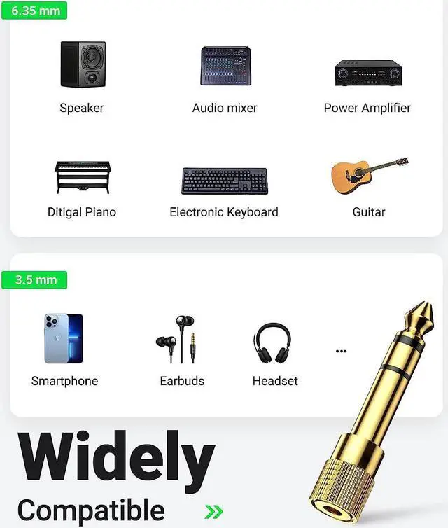 Alt view image 2 of 7 - 6.35mm (1/4 inch) Male to 3.5mm (1/8 inch) Female Stereo Audio Adapter Converter for Guitar Headphones Amp , Gold Plated 3-Pack