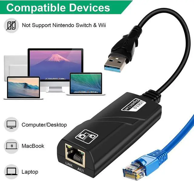 Alt view image 4 of 7 - USB Network Adapter USB 3.0 to RJ45 10/100/1000M Gigabit Ethernet LAN Network Adapter for Windows 10/8.1/8/7/Vista, Mac OS, Linux, Chrome OS & More  Black