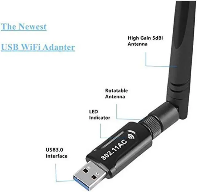 Alt view image 2 of 7 - USB WiFi Adapter 1200Mbps USB 3.0 WiFi 802.11 ac Wireless Network Adapter with Dual Band 2.42GHz/5.8GHz/ WiFi Dongle with 5dBi High Gain Antenna Support Windows XP/Vista / 7-10 Mac/Linux
