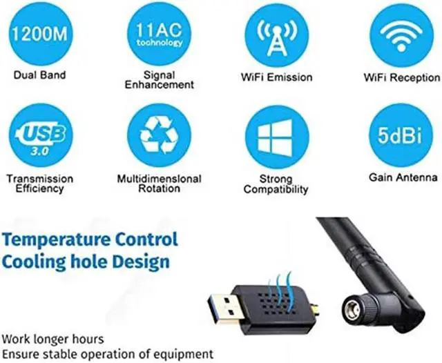 Alt view image 5 of 7 - USB WiFi Adapter 1200Mbps USB 3.0 WiFi 802.11 ac Wireless Network Adapter with Dual Band 2.42GHz/5.8GHz/ WiFi Dongle with 5dBi High Gain Antenna Support Windows XP/Vista / 7-10 Mac/Linux
