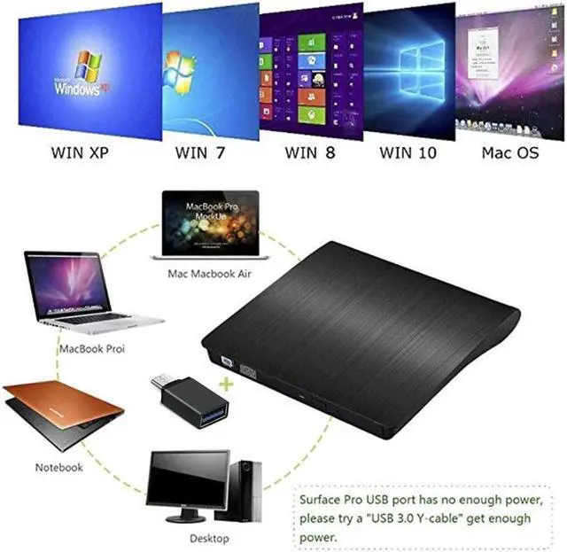 Alt view image 5 of 7 - External CD DVD Drive, USB 3.0 Type C Portable CD/DVD +/-RW Drive Slim DVD/CD ROM Rewriter Burner/Player Superdrive High Speed Data Transfer for Laptop Desktop PC Windows Linux OS Mac (Black)