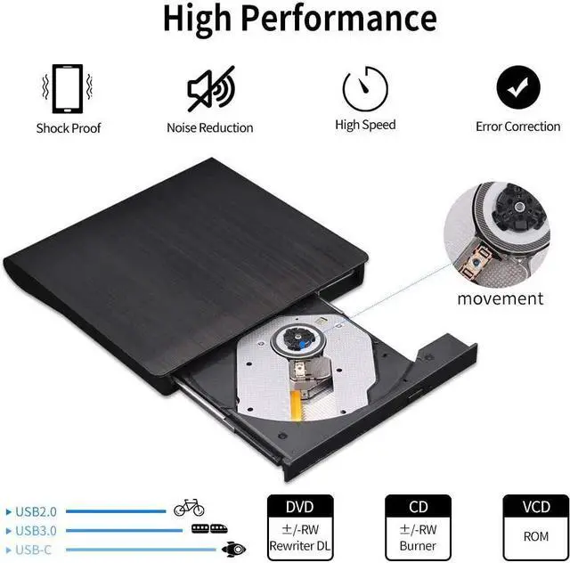 Alt view image 3 of 7 - External CD DVD Drive, USB 3.0 Type C Portable CD/DVD +/-RW Drive Slim DVD/CD ROM Rewriter Burner/Player Superdrive High Speed Data Transfer for Laptop Desktop PC Windows Linux OS Mac (Black)