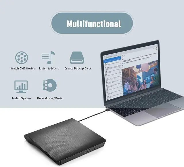 Alt view image 4 of 7 - External CD DVD Drive, USB 3.0 Type C Portable CD/DVD +/-RW Drive Slim DVD/CD ROM Rewriter Burner/Player Superdrive High Speed Data Transfer for Laptop Desktop PC Windows Linux OS Mac (Black)