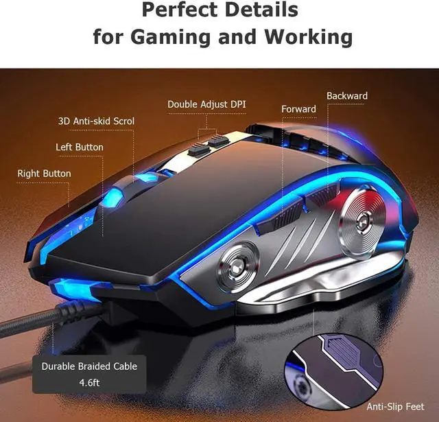 Alt view image 4 of 7 - [New] Gaming Mouse USB Wired, RGB Backlit Silent Click Gamer Mouse, with 4 Adjustable DPI Up to 3200, Comfortable Grip Ergonomic Optical Gaming Mice for Laptop PC Gamer Computer Desktop (Black)