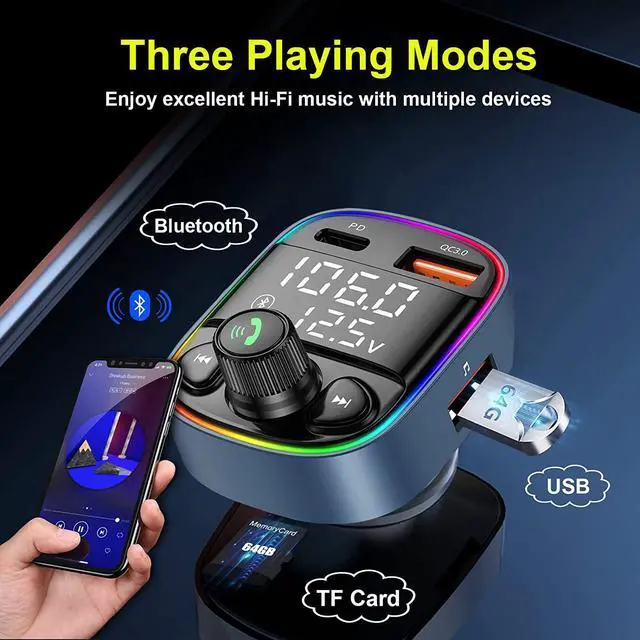 Alt view image 4 of 7 - Bluetooth FM Transmitter for Car, Car PD Charger with MP3 Player, Car Bluetooth FM Transmitter Adapter with 7 Color Backlit, QC 3.0+PD Ports Support TF Card USB Flash Drive