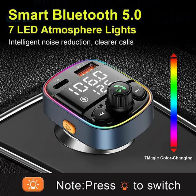 Alt view image 5 of 7 - Bluetooth FM Transmitter for Car, Car PD Charger with MP3 Player, Car Bluetooth FM Transmitter Adapter with 7 Color Backlit, QC 3.0+PD Ports Support TF Card USB Flash Drive