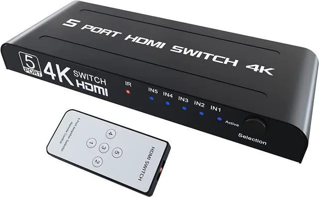 Main image of 5 Ports HDMI Switch with Remote - HDMI Switcher 5 in 1 Out, HDMI Switcher 4K, 5 * HDMI 1.4 Port, Support 4K @30Hz TV, 3D Audio Video Sync, Plug&Play, Compatible with PS5 PS4 Xbox Fire Stick Roku etc.